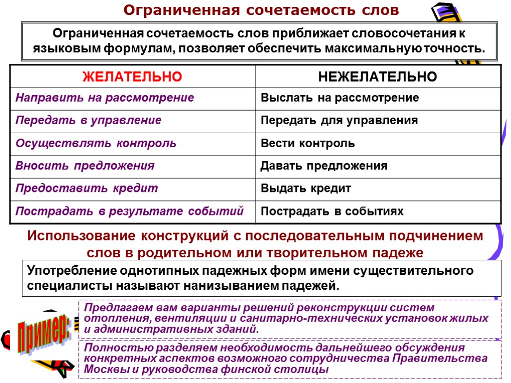 Ограниченная сочетаемость слов Ограниченная сочетаемость слов приближает словосочетания к языковым формулам, позволяет обеспечить максимальную